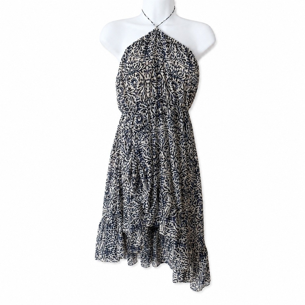 Free People Navy Paisley Halter Mini Dress Ruffle High Low Boho Tassel XS